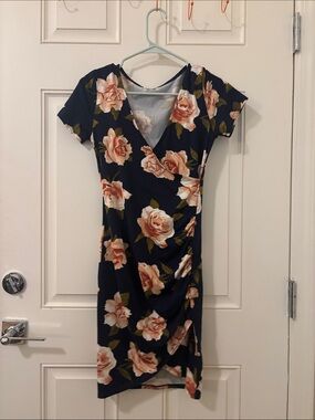 Heart Hips Navy Floral Faux-Wrap Midi Dress